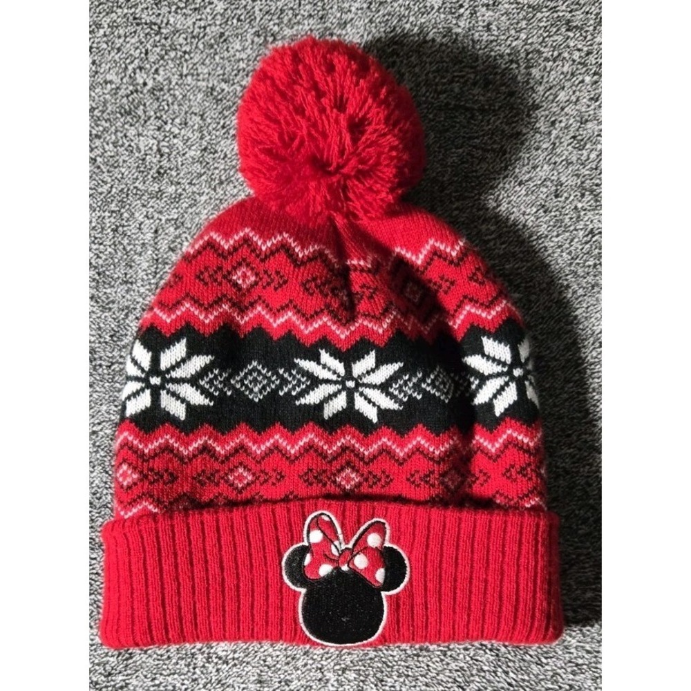 Minnie Mouse Red Black White Fair Isle Minnie Mouse Cuff Beanie Red Pom Pom OSFM
